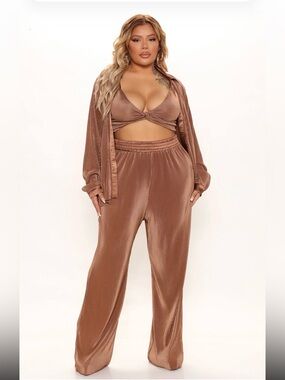 Shantelle 3 Piece Plisse Pant Set 32 - Camel